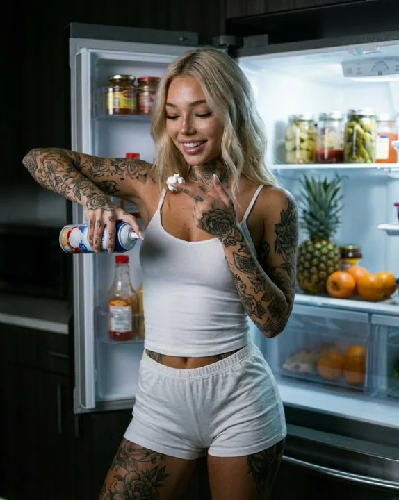 Blond tattooed beauty spraying cream in front of the fridge at midnight