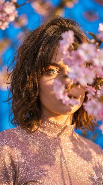 Femme aux yeux verts dans l'ombre des fleurs roses - image filmée émouvante