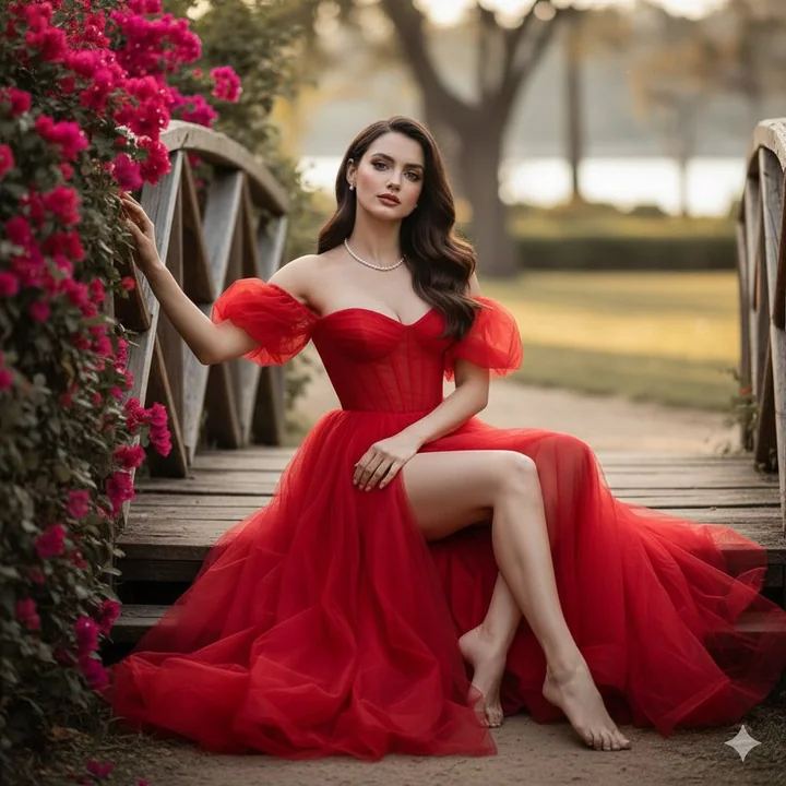 Déesse en robe rouge assise élégamment parmi les fleurs sous le coucher du soleil