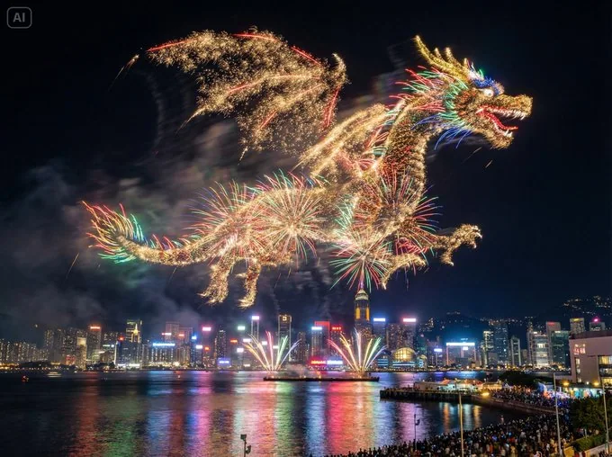 烟火在滨水城市上空勾勒出主题的形状。