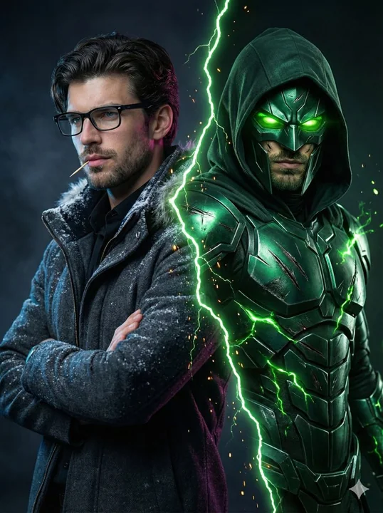 Affiche de film au style Marvel avec une double personnalité, effet de fissures en lumière verte