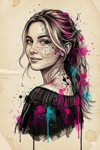 Portrait d'une jeune femme artiste en fusionnant croquis et aquarelle
