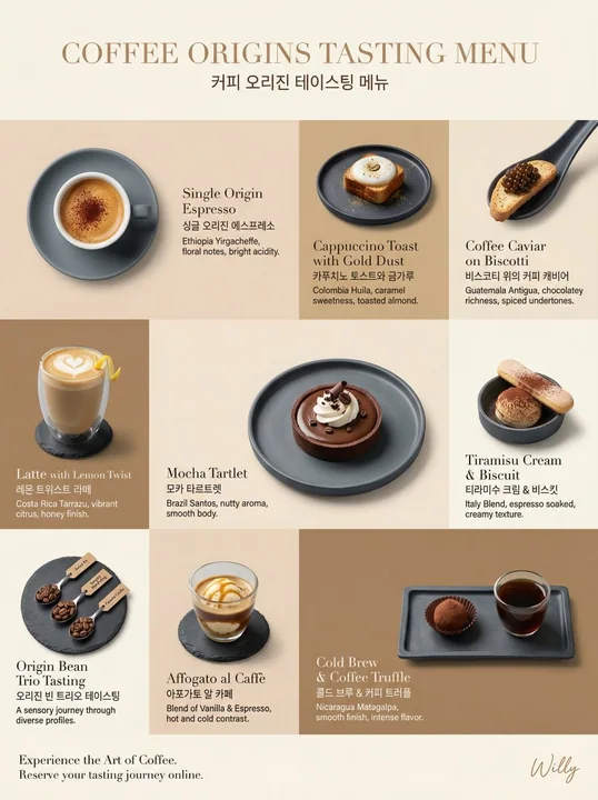 Conception de mise en page de menu web pour dégustation de café, luxe minimaliste