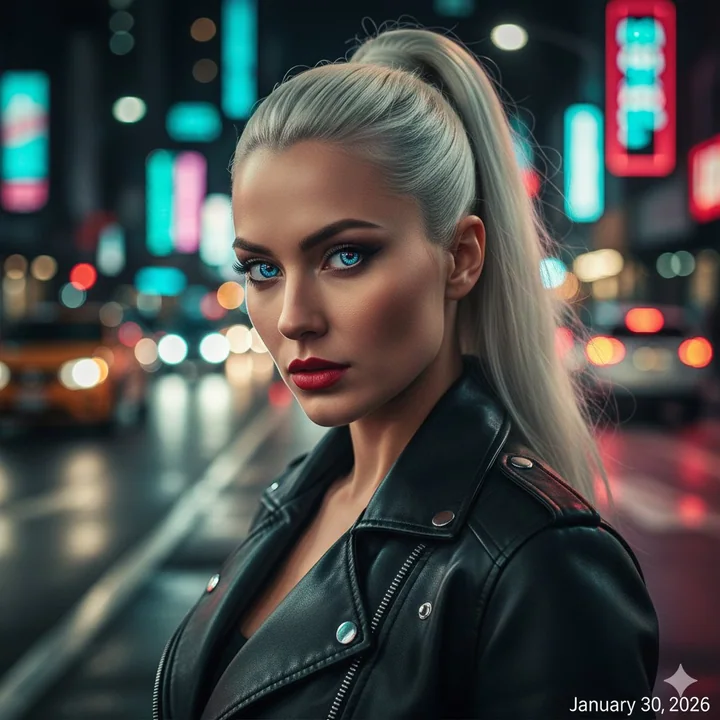 Photographie de rue mode avec cheveux argentés, cuir et look cool sous les néons de la nuit
