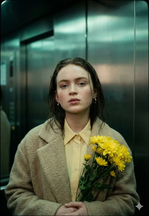 Jeune fille mélancolique aux fleurs jaunes en main dans un ascenseur, ambiance cinématographique