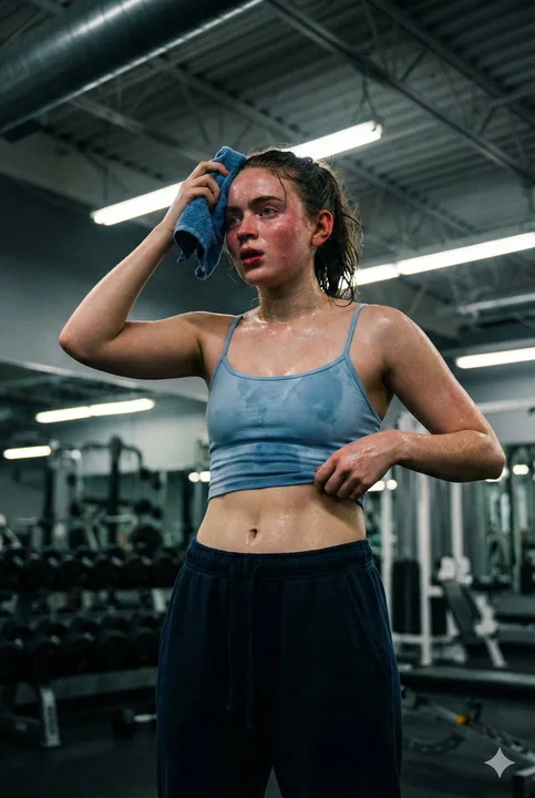 Jeune fille sportive transpirant sous les lumières intenses