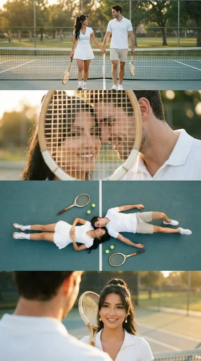 Quatre images collage de moments romantiques d'un couple jouant au tennis sous un coucher de soleil doré