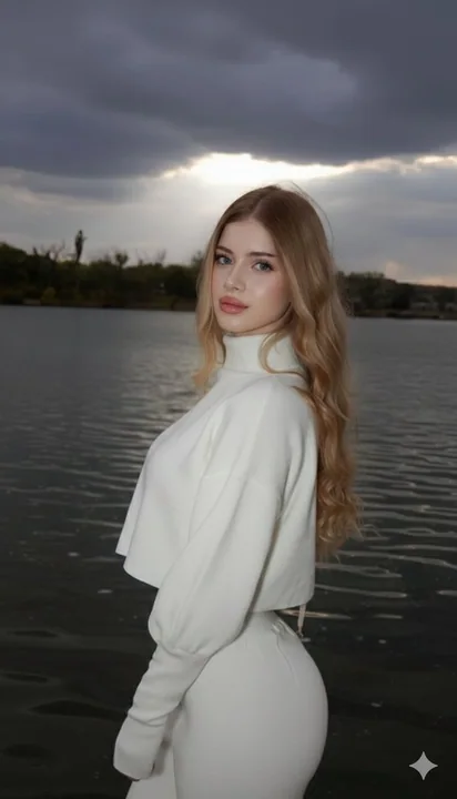 夕焼け湖畔の金髪美女の美しいファッション映画風ポートレート