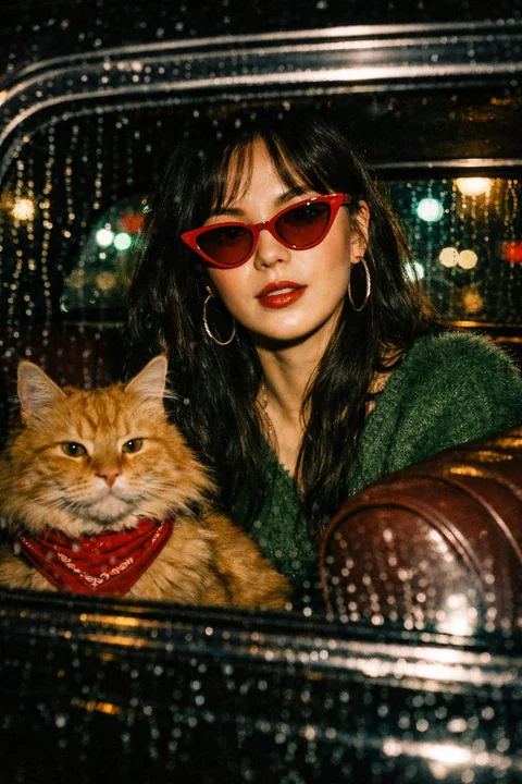 王家卫风格雨夜复古女郎与橘猫的闪光灯大片