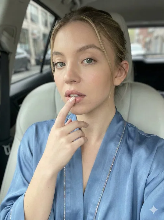 シドニー・スウィニーの車内での自然光による美しいクローズアップ