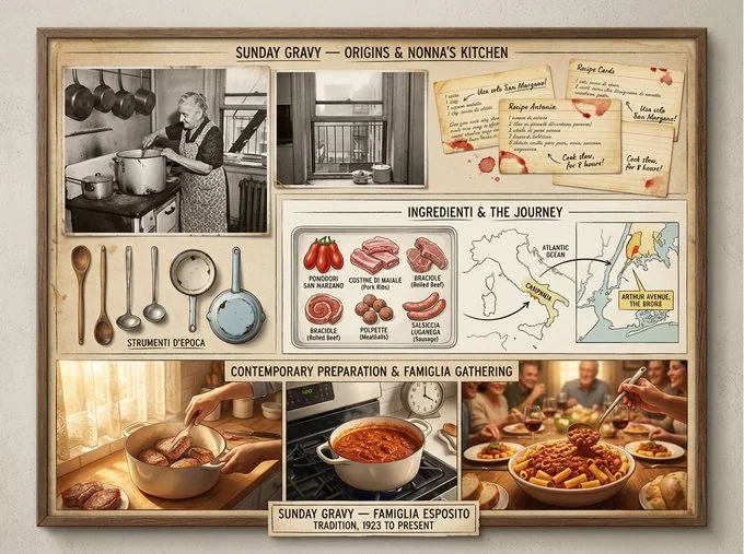Un panneau d'exposition racontant la transmission de la cuisine d'un plat