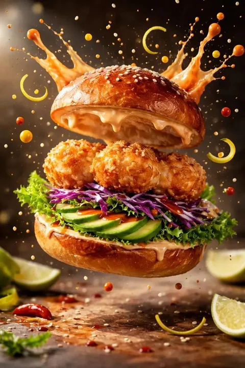 Suspended shrimp burger and splashing sauce under cinematic lighting