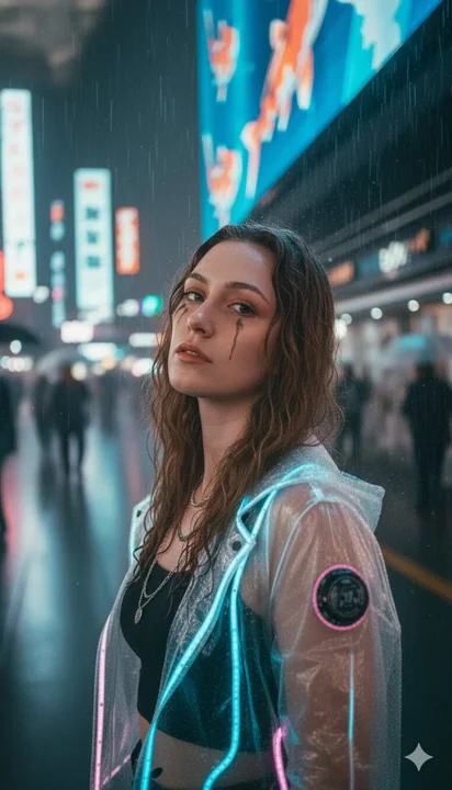 Fille cyber lesbienne froide sous une carpe holographique de Shinjuku par une nuit de pluie torrentielle