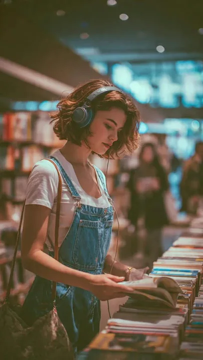 午後の本屋の光と影の中でイヤホンをかけた少女の読書の時間