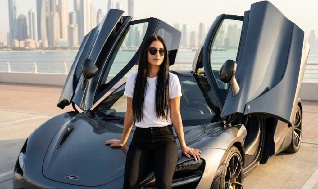 فتاة أنيقة ترتدي نظارات شمسية على سيارة مكينز في دبي بجانب البحر