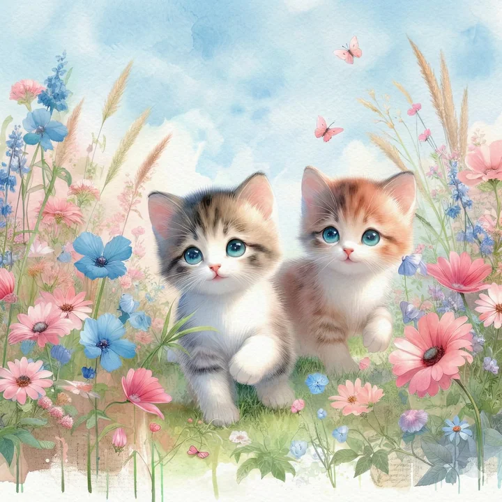 两只蓝眼睛的可爱猫咪在梦幻的水彩花丛中漫步
