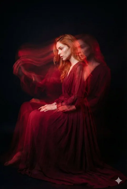 Crimson Phantom: The Melancholy Girl with a Long Exposure Side Profile