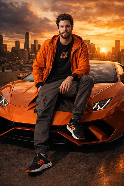 Jeune homme de la rue assis dans une Lamborghini au coucher du soleil