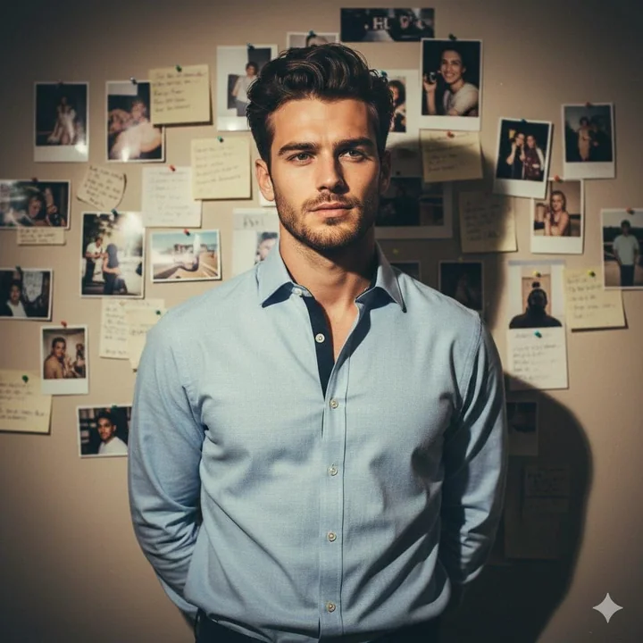 Mannequin de mode des années 90 devant un mur de Polaroid