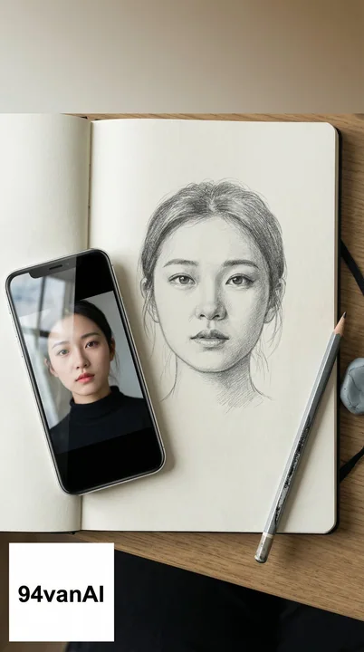 Pencil portrait in the same frame as the original phone photo