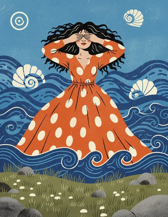 Screen Printing: Polka Dot Girl Strolling in the Sea Breeze
