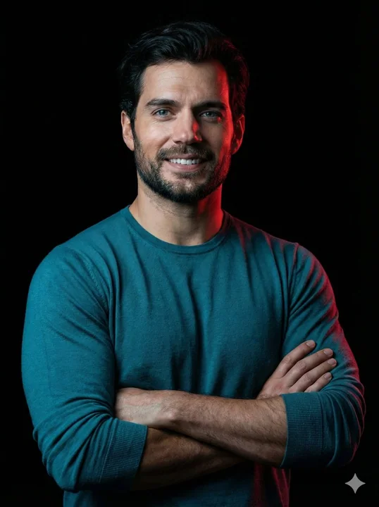 Black background, red and blue light effects, portrait of an Indian youth