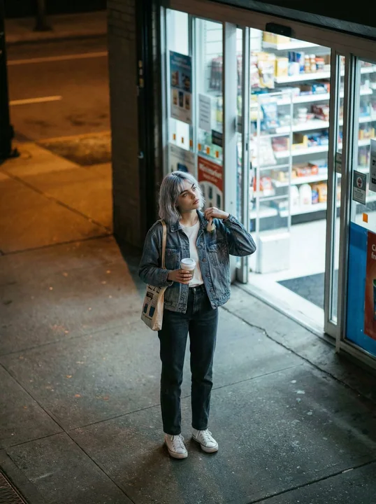 夜景のコンビニエンスストアから見た、カジュアルな少女のストリートファッション