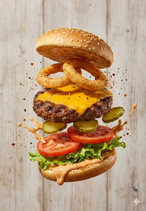 High-end commercial photography of a suspended deconstructed hamburger