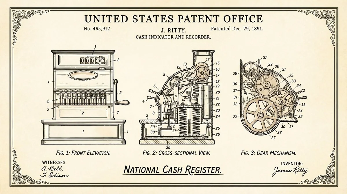 Complex mechanical patent diagrams on yellowed sheepskin paper