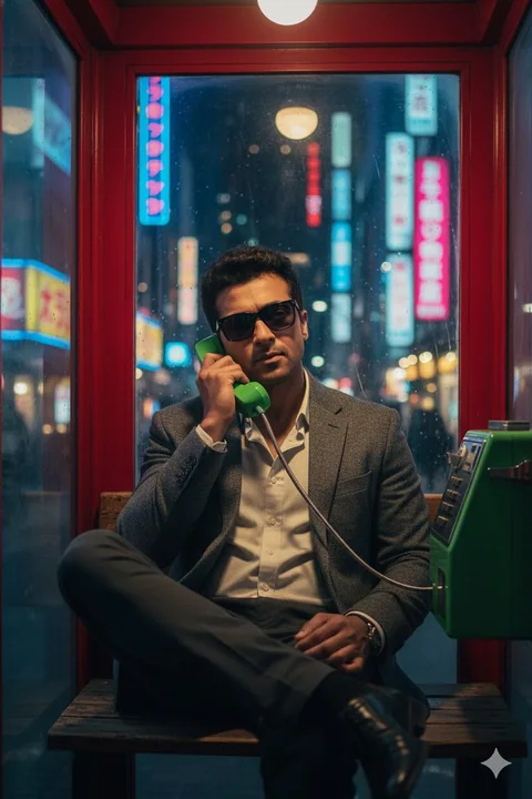 Homme devant un abri téléphonique vintage sous la lumière néon de la nuit