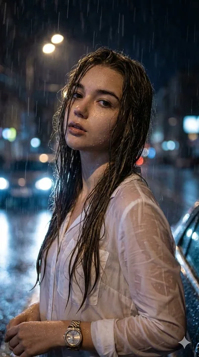 Contemplative Woman in a Rainy City Night