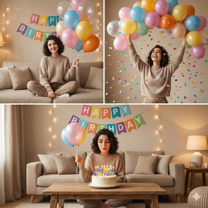 温かみのある室内での誕生日パーティーのコラージュ