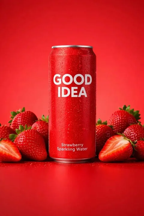 Tempting red can sparkling water with fresh strawberry slices