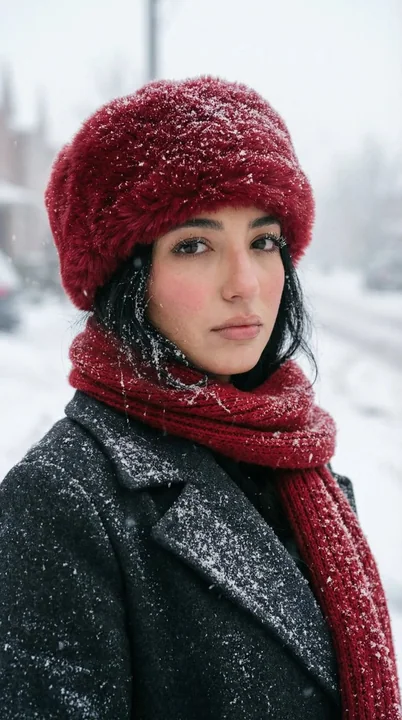 Femme triste au chapeau rouge dans une tempête de neige