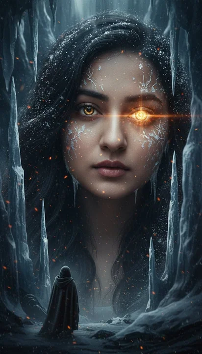 Darkened giant face intertwined with ice and fire