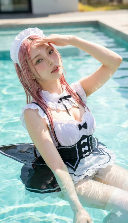 湿身女仆蕾姆在泳池碧水中