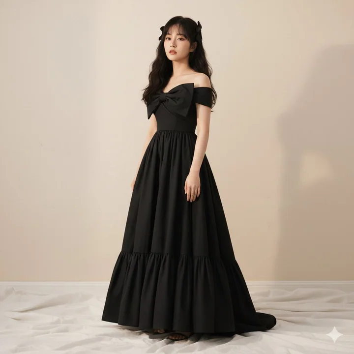 Grand shooting de robe noire haute couture romantique sombre
