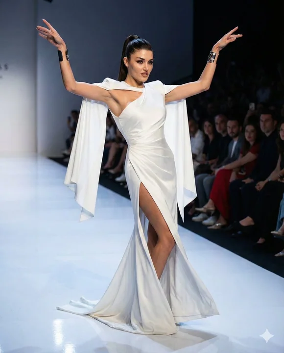Supermodel in a custom cape gown under the spotlight