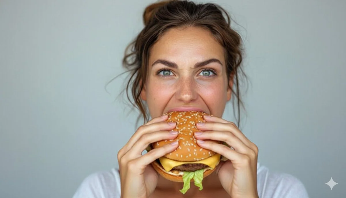 お腹が空いた少女が巨大ハンバーガーを一気に食べる