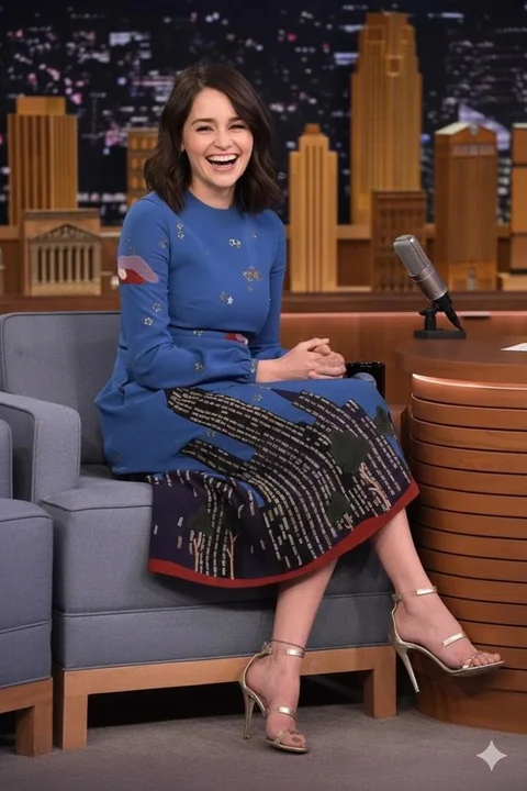Femme en robe bleue rayée riant aux éclats dans l'émission de minuit