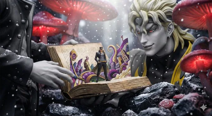 Giants and Microscopic Fairy Tale World in Book Pages