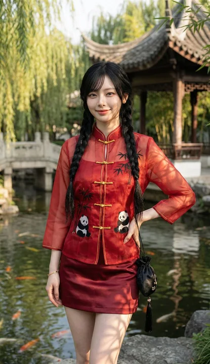 绿意园林中绝美的欧根纱旗袍少女