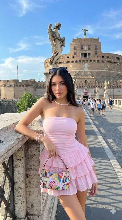 Pink Summer Street Style by the Bridge of Angels in Rome