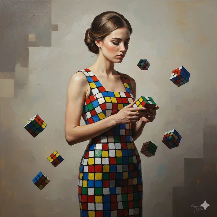 魔方裙少女的超写实油画肖像