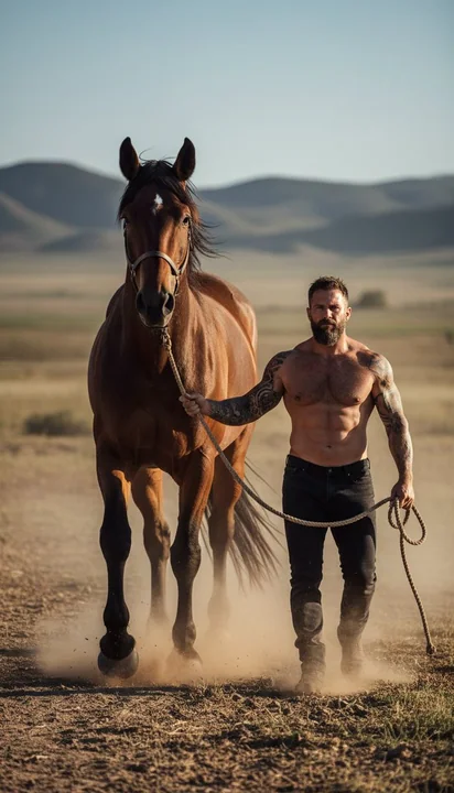 Crépuscule sur la terre sauvage : un cheval gigantesque marche aux côtés d’un homme dur et sanguinaire.