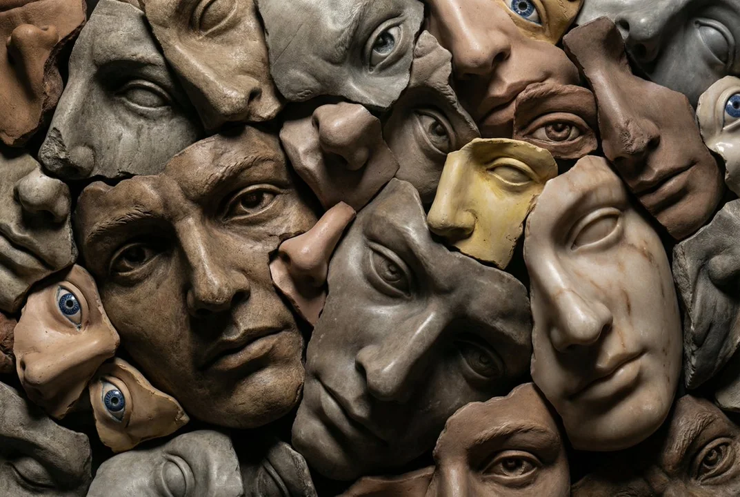 Collage de sculpture de visage brisé hyperréaliste