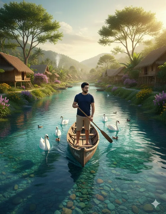 A wooden boat and a swan in rippling waters