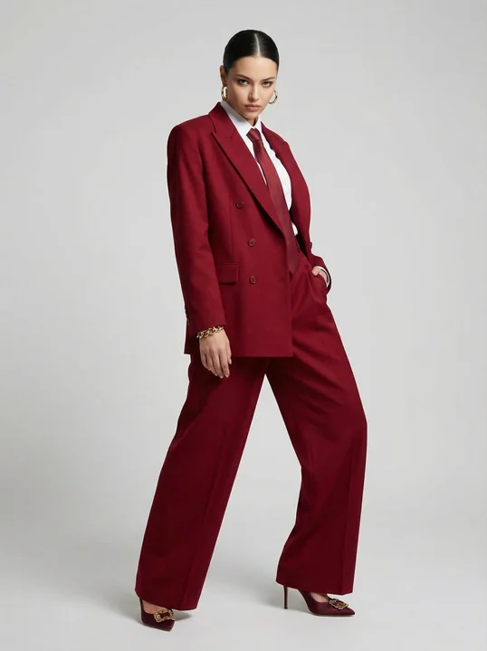 Femme patronne en costume rouge sous le regard prédateur
