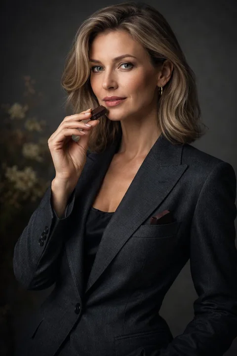 Portrait élégant en tons gris d'un costume et de chocolat noir