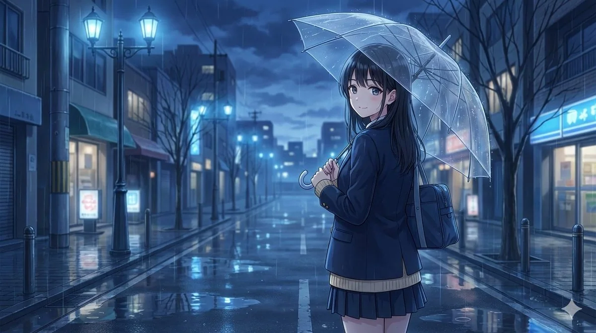A glance back under a transparent umbrella on a rainy night street